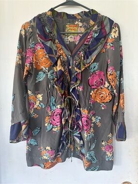 Johnny Was Abstract Rose Silk Blouse Top Grey Pink Orange Size Small